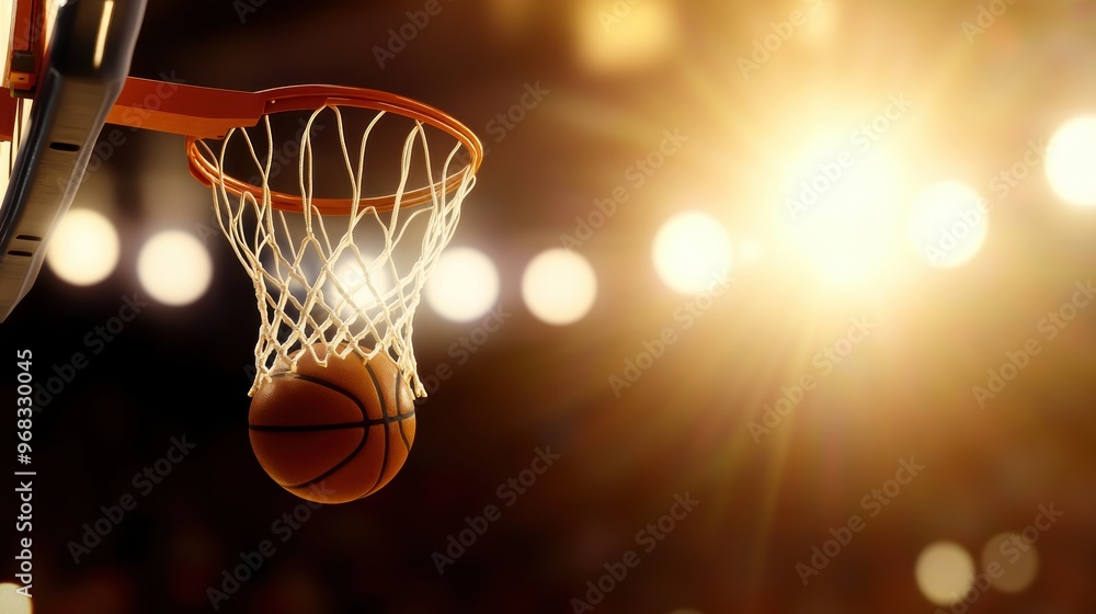 A close-up view of a basketball about to land in the hoop, illuminated by soft golden light, capturing the essence of sports. A close-up view of a basketball about to land in the hoop, illuminated by soft golden light, capturing the essence of sports.