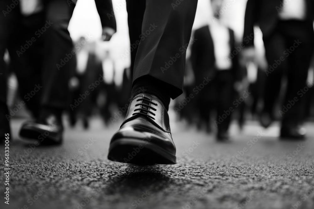 A close-up view of a business shoe stepping on a street, surrounded by blurred figures in suits, conveying movement and professionalism. A close-up view of a business shoe stepping on a street, surrounded by blurred figures in suits, conveying movement and professionalism.