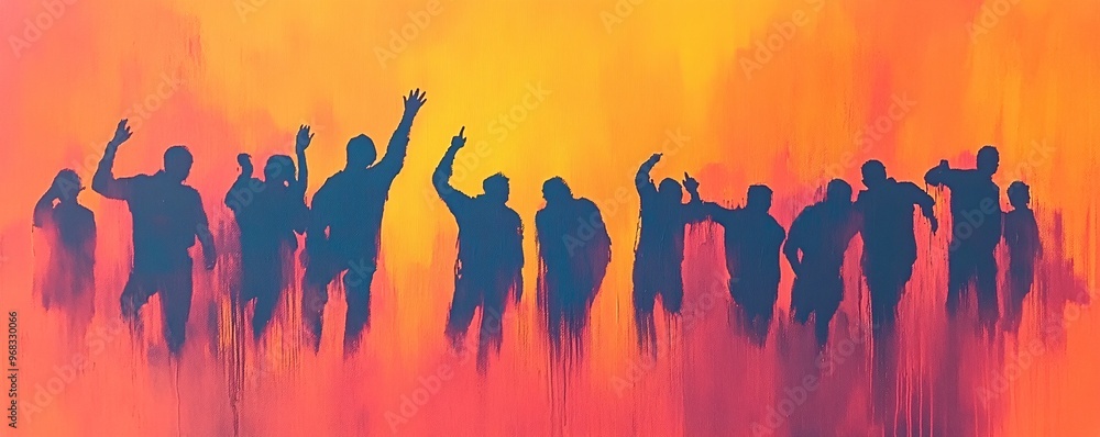 Obraz premium Silhouettes of people celebrating with arms raised against a vibrant orange-yellow backdrop.