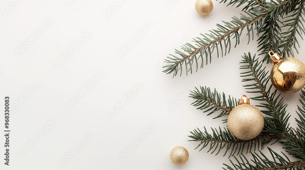 White background, with copy space, pine branch with a golden Christmas ball on it, minimalist style, greeting card