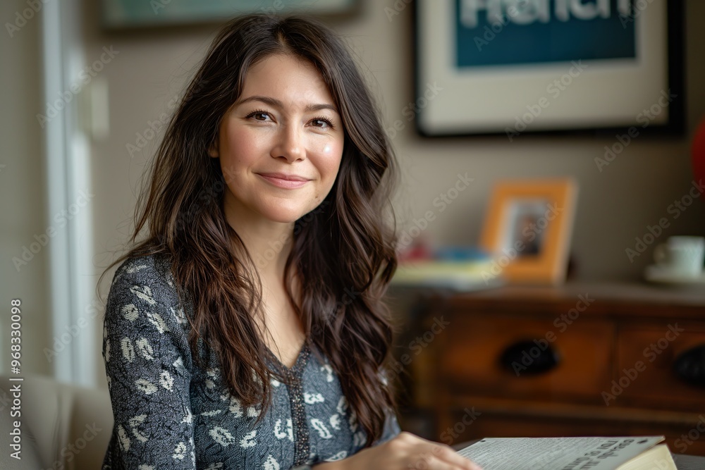 A young Russian woman studying English language indoors, smiling while holding a textbook in a cozy room during daylight hours A young Russian woman studying English language indoors, smiling while holding a textbook in a cozy room during daylight hours