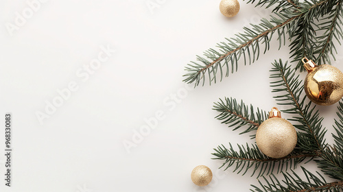 Obraz na płótnie White background, with copy space, pine branch with a golden Christmas ball on it, minimalist style, greeting card w salonie
