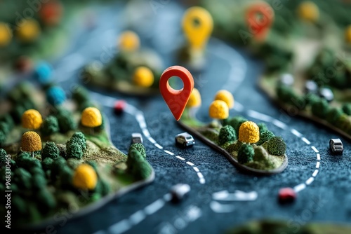 A colorful map scene with mini trees and roadways, highlighting a pinpoint location for navigation and travel purposes. photo