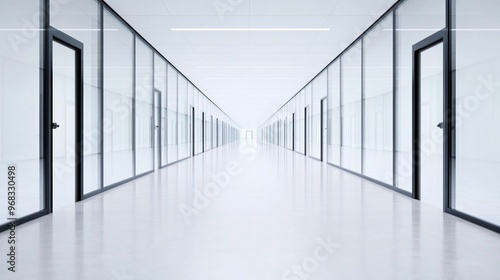 Modern office corridor with glass walls and minimalist design, conveying a sense of openness and clarity.