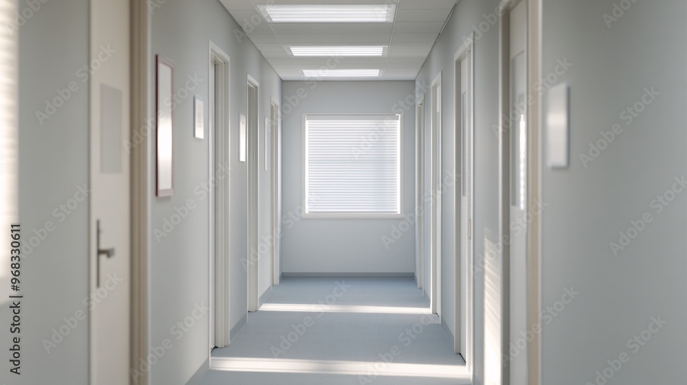 Obraz premium Bright and clean hallway with multiple doors and natural light streaming in through a window.
