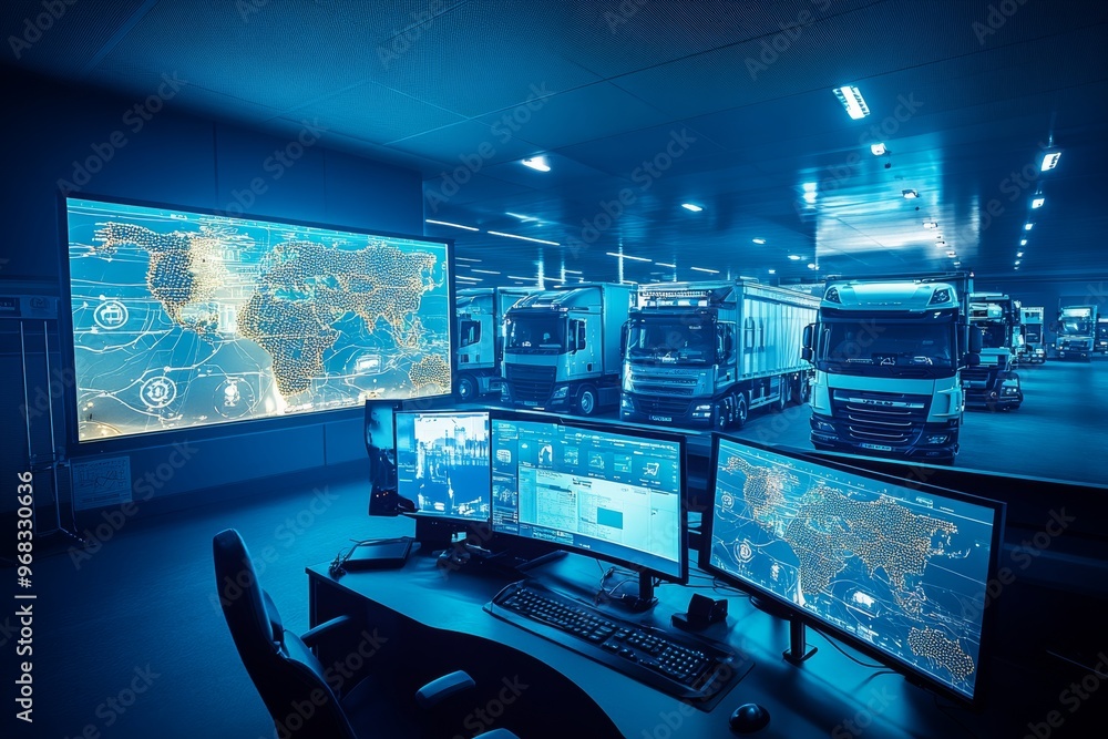 Naklejka premium Fleet management services command center with gps navigation for real time logistics control