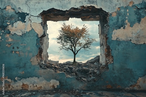 Surreal landscape featuring urban decay  nature s resilience through a tree breaking a ruined wall photo