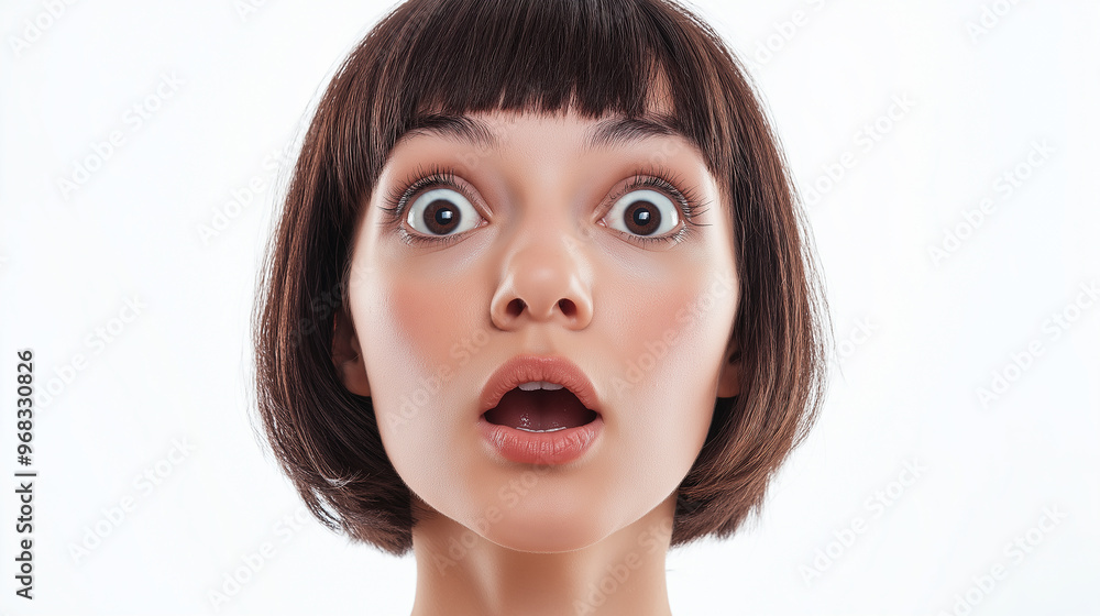 Close-up portrait of shocked brunette woman showing amazement and surprise Close-up portrait of shocked brunette woman showing amazement and surprise