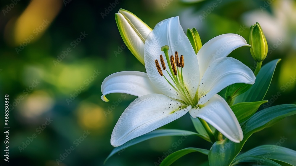 Obraz premium White lily flower in bloom, close-up with blurred green background. Nature and serenity concept
