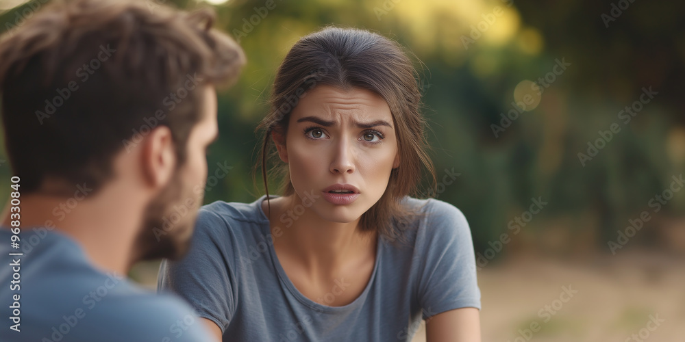 Young woman feeling confused while talking with man outdoors Young woman feeling confused while talking with man outdoors