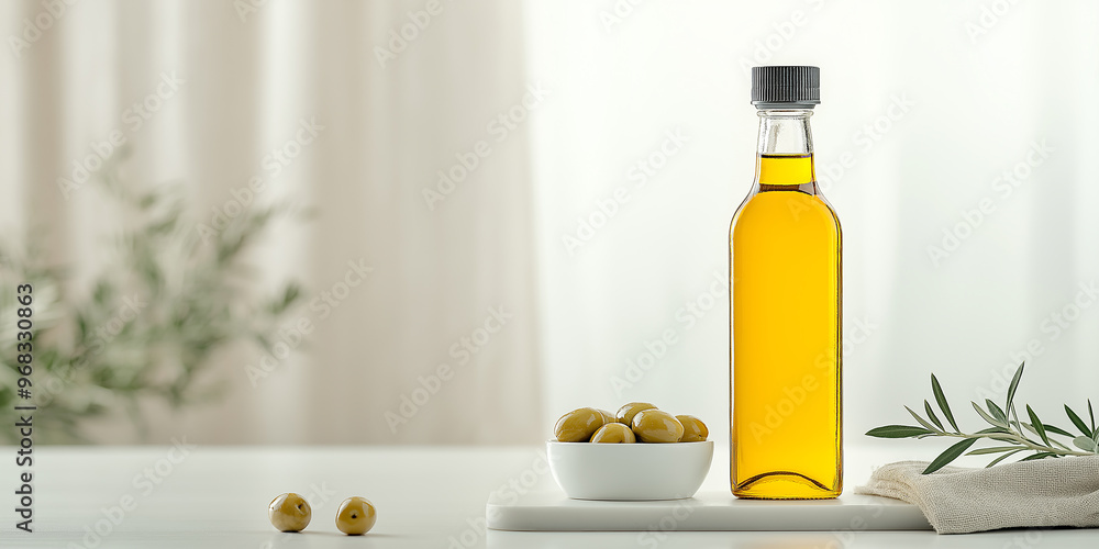 Bottle of olive oil with olives on bright background Bottle of olive oil with olives on bright background