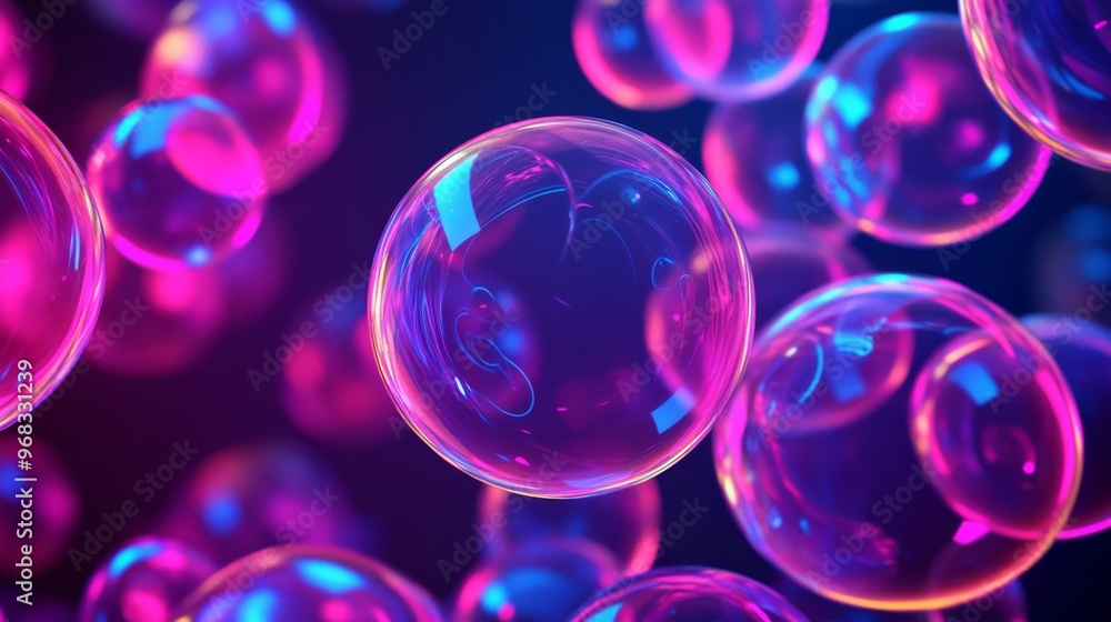 Background with transparent balls in a neon purple tone in refined aesthetic. Transparent bubbles of shapes and light delicacy in purple color. Background with transparent balls in a neon purple tone in refined aesthetic. Transparent bubbles of shapes and light delicacy in purple color.