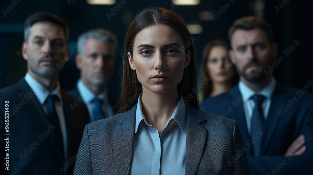 Serious business team with female leader standing in office Serious business team with female leader standing in office