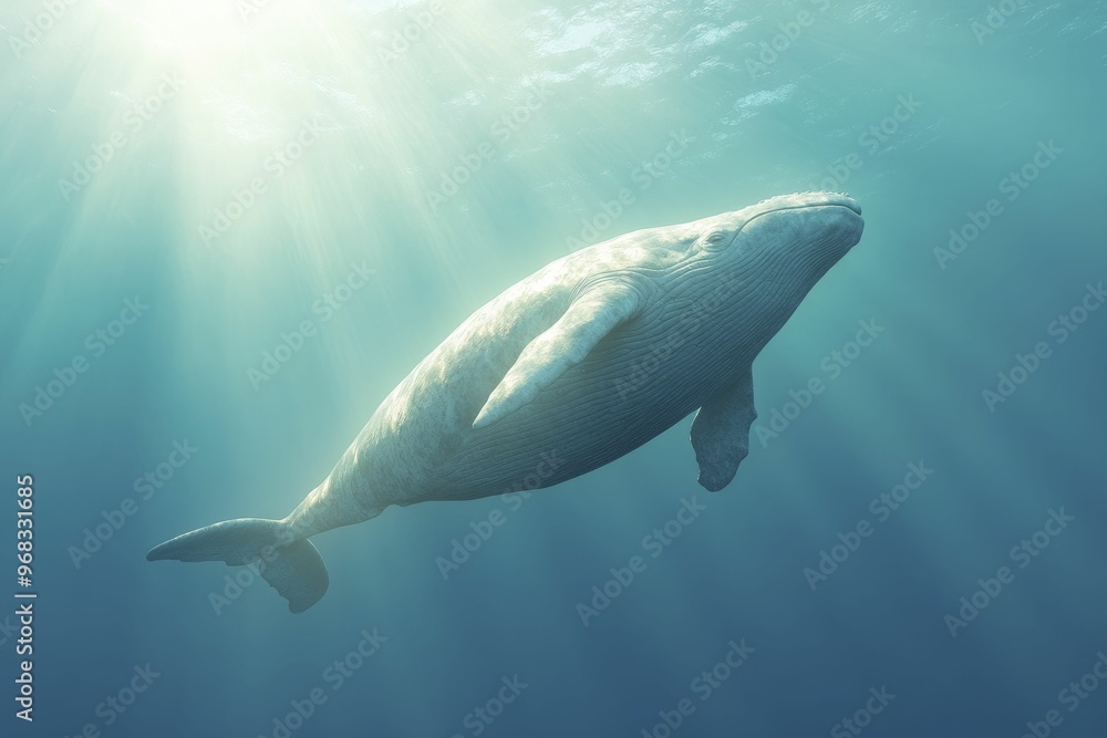 Fototapeta premium The Ambulocetus, a walking whale, gracefully explores the shallow waters beneath a bright sun, showcasing its unique adaptation to a life partially on land.