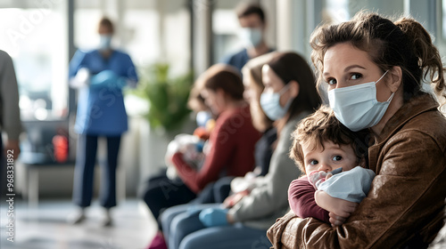A crowded waiting room in a pediatric clinic during RSV