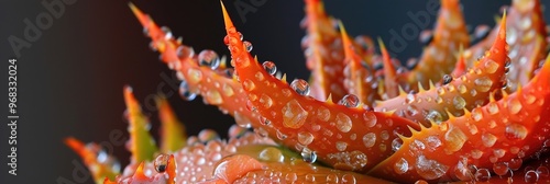 Close-up view of a succulent Aloe rauhii cv Orange Marmalade on moist milk wax showcasing striking red thorns, unique warts, and growths embellished with large water droplets. photo