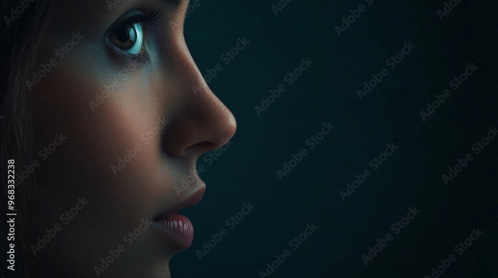 A profile shot of a young woman with striking features and deep, expressive eyes. A profile shot of a young woman with striking features and deep, expressive eyes.