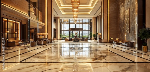 Photograph highlighting the sophisticated interior of a luxury hotel lobby.