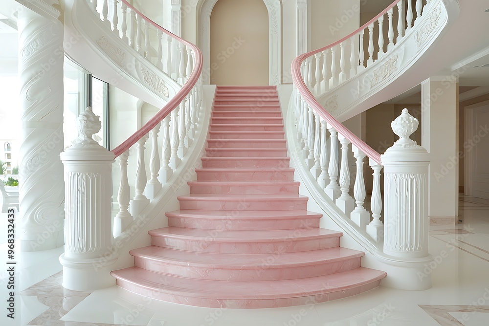Fototapeta premium White and pink marble staircase in an opulent villa lobby.