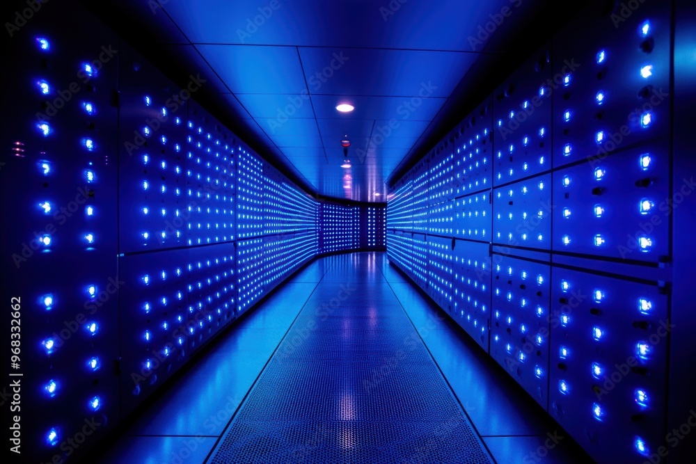 A futuristic hallway illuminated by vibrant blue lights, creating a mesmerizing visual effect in a modern environment. A futuristic hallway illuminated by vibrant blue lights, creating a mesmerizing visual effect in a modern environment.