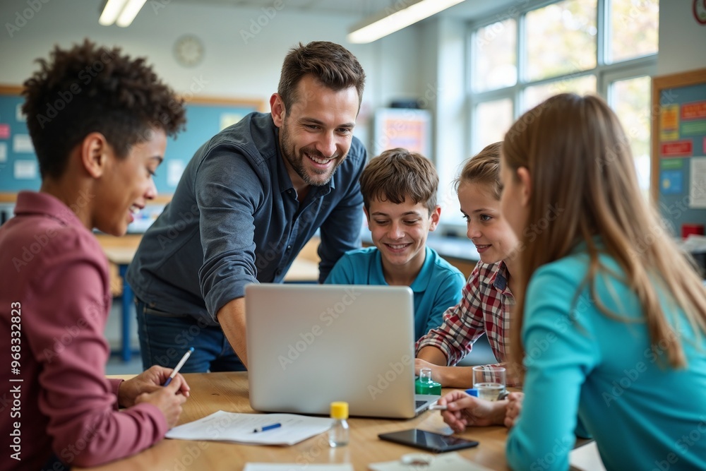 A teacher interacts with young students gathered around a laptop, fostering collaboration and learning in a classroom environment, highlighting educational engagement and teamwork. A teacher interacts with young students gathered around a laptop, fostering collaboration and learning in a classroom environment, highlighting educational engagement and teamwork.