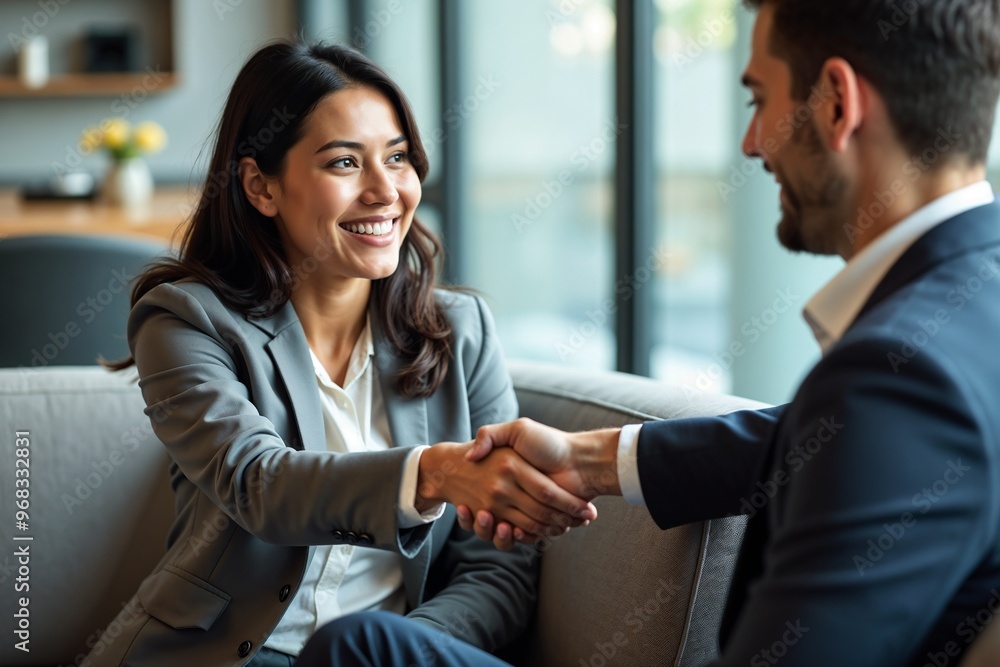 A woman and a man are shaking hands while smiling, signifying a successful business agreement, collaboration, or partnership in a modern office setting. A woman and a man are shaking hands while smiling, signifying a successful business agreement, collaboration, or partnership in a modern office setting.