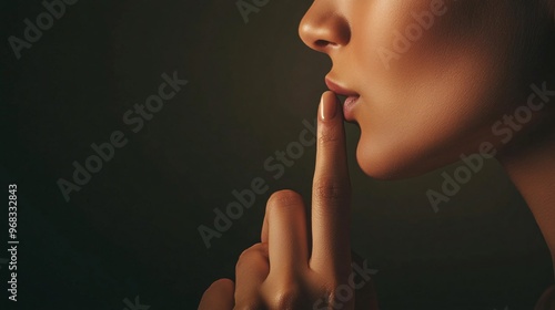 Serene young woman with a finger to her lips, signaling silence, against a dark background.