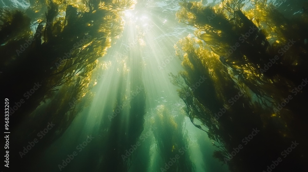 Obraz premium Sunlight Streaming Through Underwater Kelp Forest