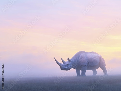 Uintatherium Prehistoric Beast Wandering Through a Primeval Landscape at Dusk photo