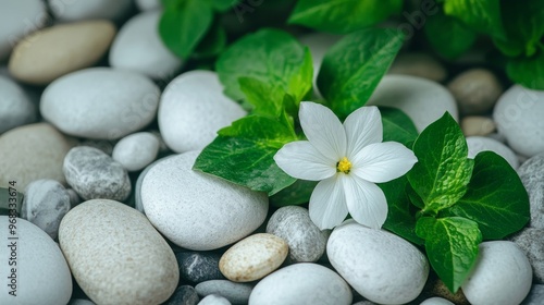 Wallpaper Mural Carefully arranged white smooth pebbles with delicate green flowers in a minimalist style. Harmonious composition with pebbles and green leaves. Torontodigital.ca