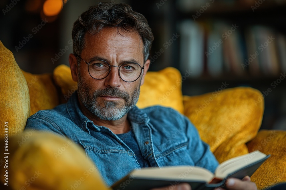 Mature Man Reading a Book on a Yellow Sofa Mature Man Reading a Book on a Yellow Sofa