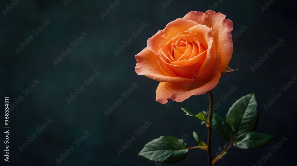 A single orange rose in full bloom, photographed against a dark background for dramatic effect. A single orange rose in full bloom, photographed against a dark background for dramatic effect.