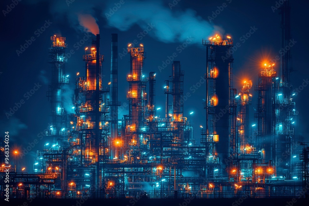 Naklejka premium A Night View of a Refinery with Illuminated Towers and Pipes