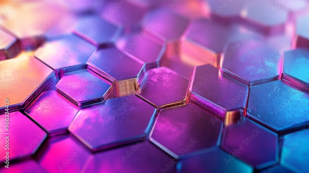 Close-up of iridescent hexagonal shapes in neon hues Close-up of iridescent hexagonal shapes in neon hues