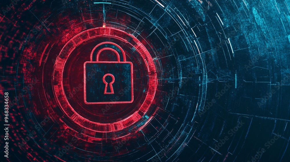 Digital padlock icon in vibrant red and blue digital background, symbolizing cybersecurity. Digital padlock icon in vibrant red and blue digital background, symbolizing cybersecurity.