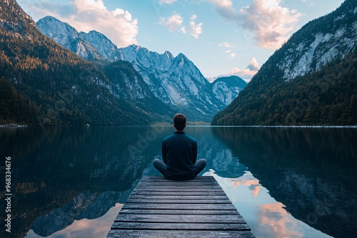 A contemplative young man sitting on a dock by a serene mountain lake at sunset.