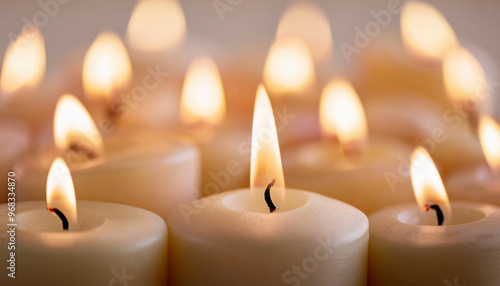 Christmas advent candle light in church with blurry golden bokeh for religious ritual or spiritual zen meditation, peaceful mind and soul, or funeral ceremony