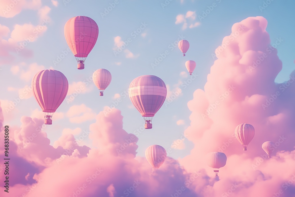 Naklejka premium Pink Hot Air Balloons Soaring Through Cotton Candy Clouds