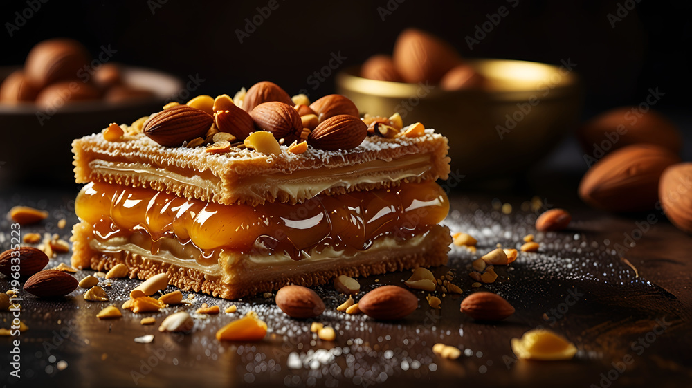 Close up of Delicious Luxurious Arabic Belewa with Almond and Honey Filling – Traditional Middle Eastern Dessert Close up of Delicious Luxurious Arabic Belewa with Almond and Honey Filling – Traditional Middle Eastern Dessert