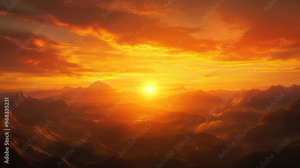 A sunset view over a mountain range, with the sky glowing in deep shades of orange and gold. A sunset view over a mountain range, with the sky glowing in deep shades of orange and gold.