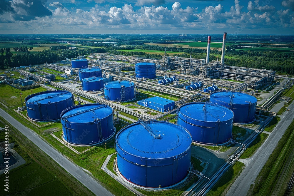Aerial View of a Large Industrial Complex with Blue Storage Tanks Aerial View of a Large Industrial Complex with Blue Storage Tanks