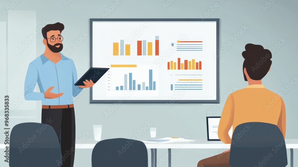 A professional presentation in a modern office setting, showcasing data analysis and teamwork during a business meeting. A professional presentation in a modern office setting, showcasing data analysis and teamwork during a business meeting.