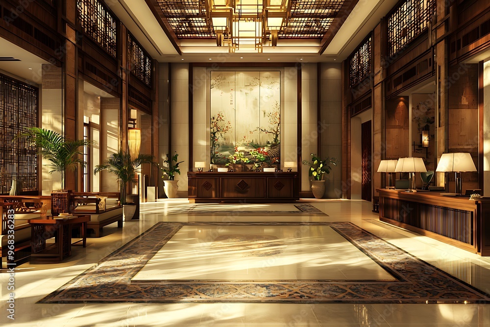 Fototapeta premium Hotel lobby with oriental design elements, emphasizing space and artistic style.