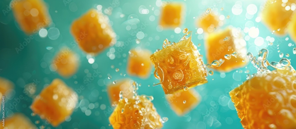 custom made wallpaper toronto digitalDramatic close up of amber colored honey droplets splashing and dripping from a honeycomb structure in vibrant backlit lighting Showcases the beautiful natural texture and graphic patterns of raw
