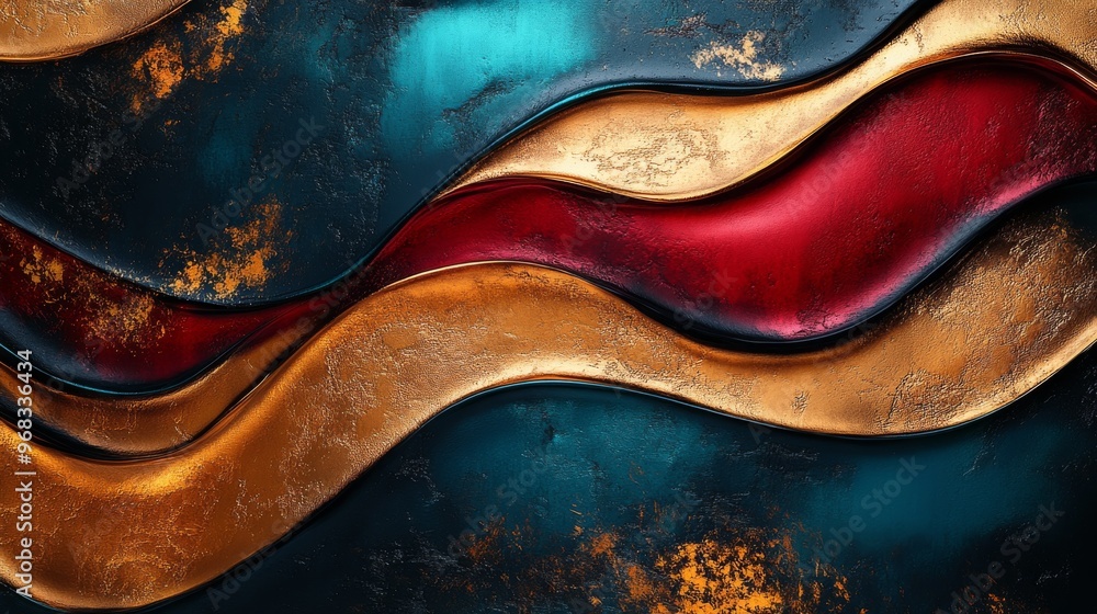 Abstract Wavy Background with Blue, Red, and Gold Tones Abstract Wavy Background with Blue, Red, and Gold Tones