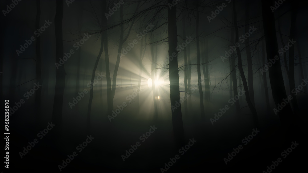 Glowing light beams breaking through a dense fog in a dark forest, mysterious and captivating, forest glowtime, eerie and enchanting. Glowing light beams breaking through a dense fog in a dark forest, mysterious and captivating, forest glowtime, eerie and enchanting.
