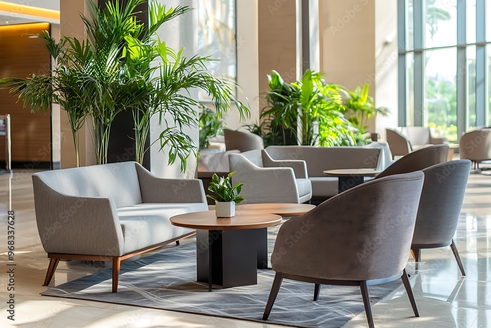 Fototapeta premium Contemporary hotel lobby with stylish furniture, offering a modern and comfortable setting.