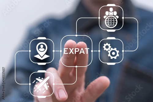 Konstfotografi Man using virtual touch screen presses text: EXPAT