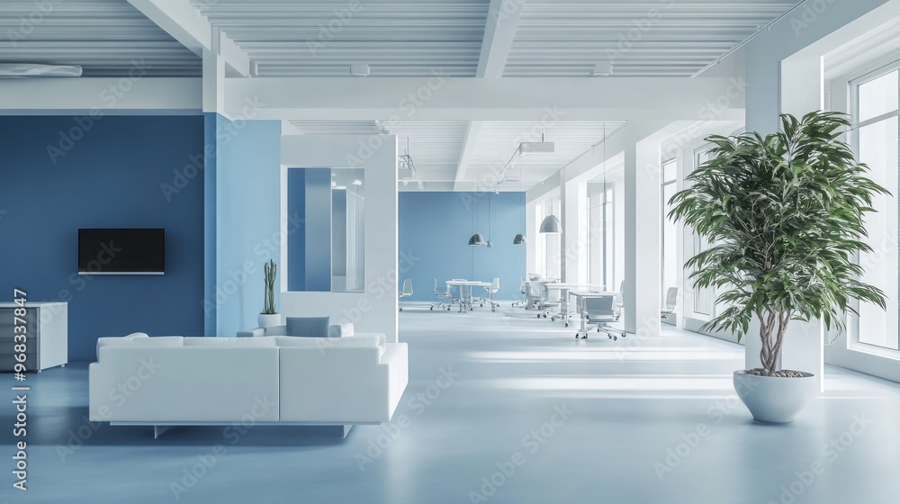 Modern white and blue open space office interior Modern white and blue open space office interior