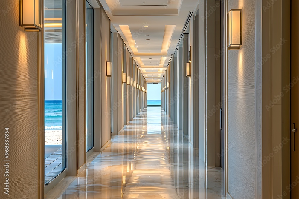 Obraz premium Modern beachside hotel corridor with contemporary design and luxurious details.